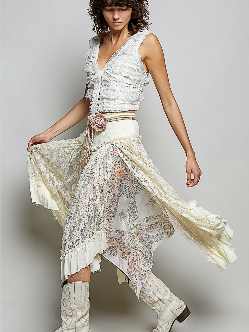 Ivory Asymmetrical Lace Maxi Skirt with Ruffled Hem - Picture 5 of 6